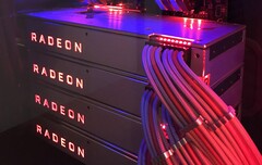 Four XFX Radeon RX Vega 64 desktop graphics cards with liquid cooling were used. (Source: Reddit - u/RadeonRampage365)