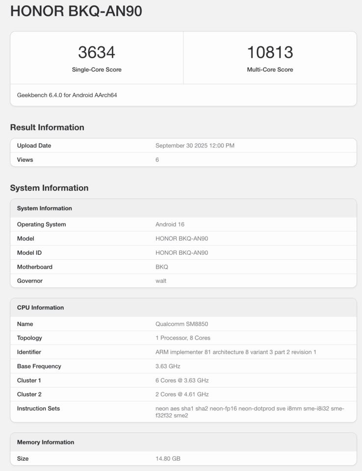 Geekbench listing of the Honor Magic 8 Pro. (Image source: Geekbench)