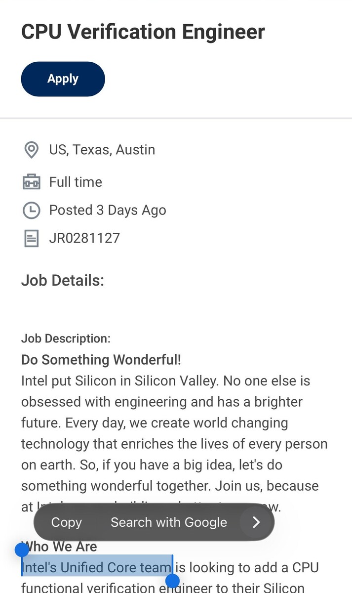 Intel is looking for an enginner to work on Unified Cores