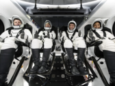 From right to left, NASA astronauts Jeanette Epps, mission specialist; Matthew Dominick, commander; Michael Barratt, pilot; and Roscosmos cosmonaut Alexander Grebenkin, mission specialist. (Image source: SpaceX)