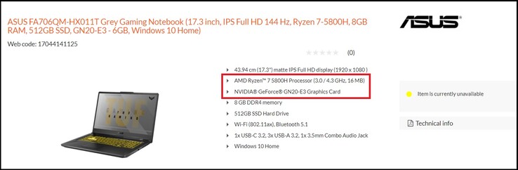 Asus TUF A17 listing. (Image source: Expert.de)