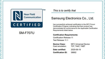 Some of the Galaxy Z Flip 5G's new certifications. (Source:  Bluetooth SIG, NFC Forum via GoAndroid)