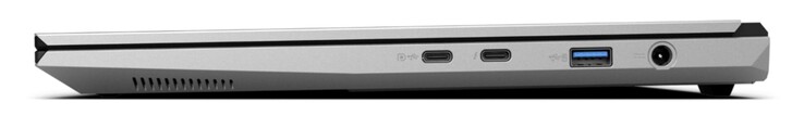 Right: USB-C 3.2 Gen. 2 (10 Gbit/s, DisplayPort 1.4a, G-Sync-compatible, no Power Delivery), USB-C 4.0 with Thunderbolt 4 (40 Gbit/s, DisplayPort 2.1, Power Delivery), USB-A 3.2 Gen. 2 (10 Gbit/s, powered), power in