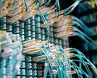 Blue fiber optic cables with white connectors plugged into a patch panel in a data center