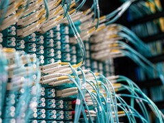 Blue fiber optic cables with white connectors plugged into a patch panel in a data center