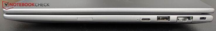 Right: Optional SIM slot, USB-C (20 Gb/s), USB-A (5 Gb/s), LAN (1 Gb/s), Kensington