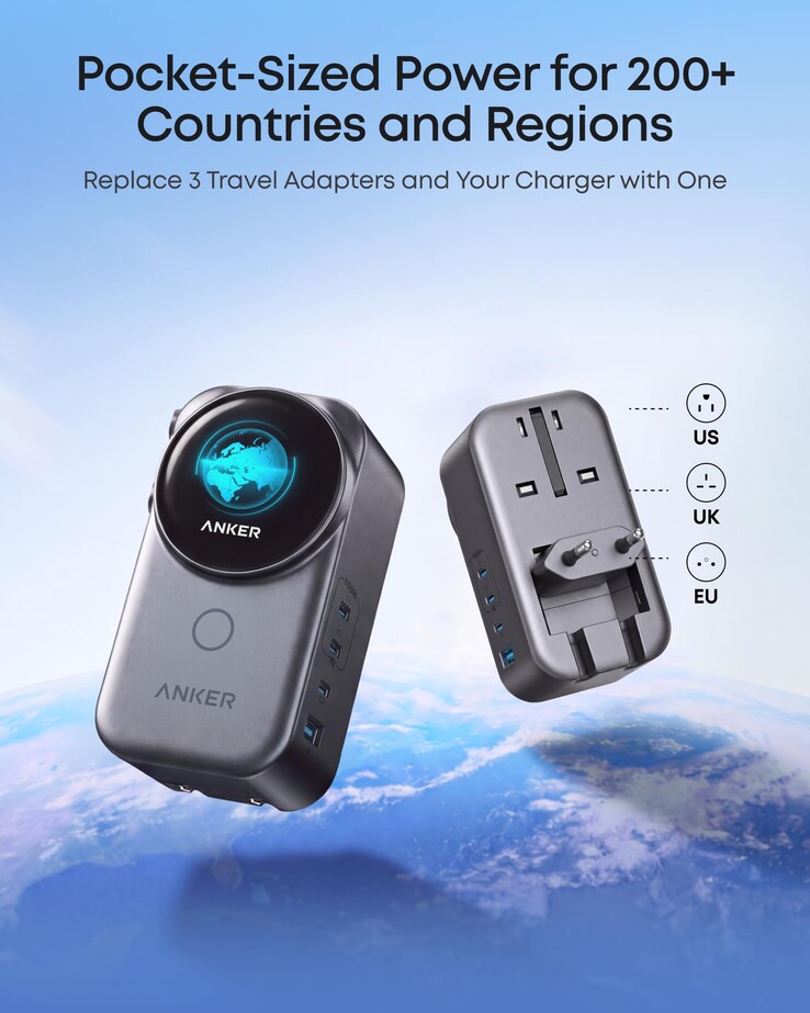 A leaked marketing image for the Anker Nano Travel Adapter (4-in-1, 100W, Smart Display)