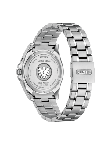 Citizen-AQ4093-56W caseback with eagle emblem.