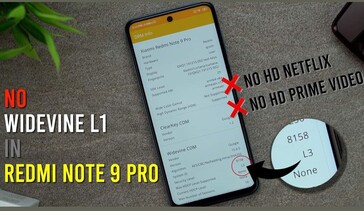 The Redmi Note 9 Pro only has L3 Widevine DRM certification... (Image source: @Gadgetsdata)