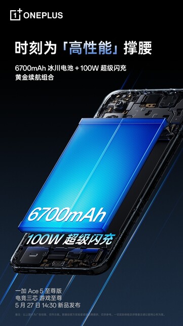 The OnePlus Ace 5 Ultra has a smaller 6700mAh battery and support for 100W fast charging. (Image source: OnePlus)