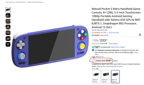 Grabbing the coupon brings the Retroid Pocket 5's final price down to $213. (Image source: Amazon)