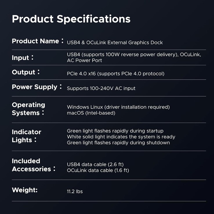 The Ugreen LinkStation eGPU Dock specifications. (Image Source: Ugreen via Amazon)