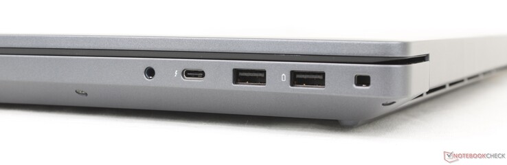 Right: 3.5 mm headset, USB-C Thunderbolt 4 (40 Gbps) w/ DisplayPort + Power Delivery, 2x USB-A 3.2 Gen. 1 (5 Gbps), Lock slot