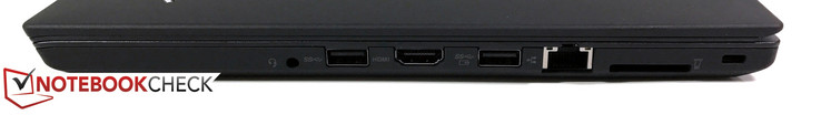 Right side: 3.5 mm audio, USB 3.0, HDMI 1.4b, USB 3.0 (always-on), RJ45-LAN, SD-card reader, Kensington Lock