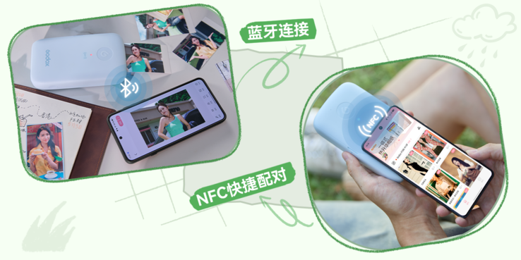 It connects over Bluetooth with NFC tap-to-pair and is controlled through the Godox Cam app, which includes an ID photo maker.