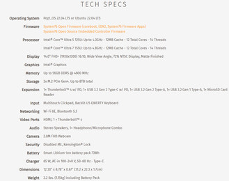 Complete specs of the laptop (Image source: System76)