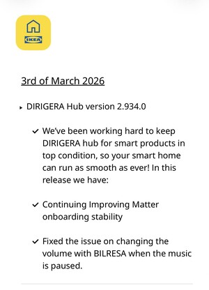 The release notes for IKEA Dirigera Hub software version 2.934.0