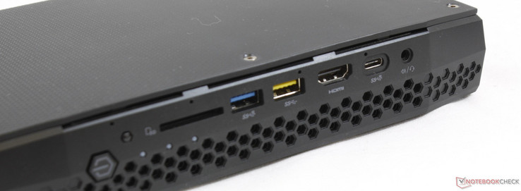 Front: Power button, IR receiver, SD reader, USB 3.1, USB 2.0, HDMI 2.0a, USB Type-C Gen. 2, 3.5 mm combo audio