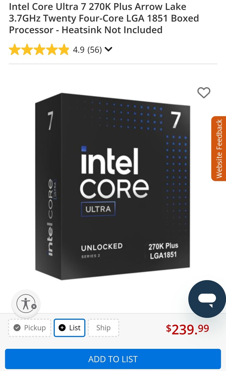 The Intel Core 7 Ultra 270K listing on Micro Center