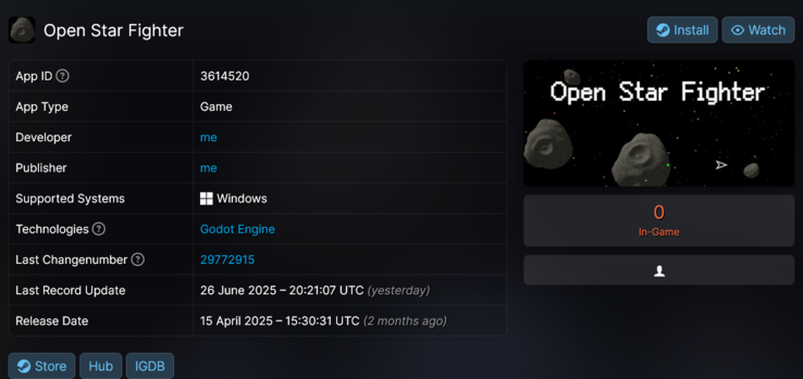 Open Star Fighter stolen Steam game (Image source: screenshot, SteamDB)