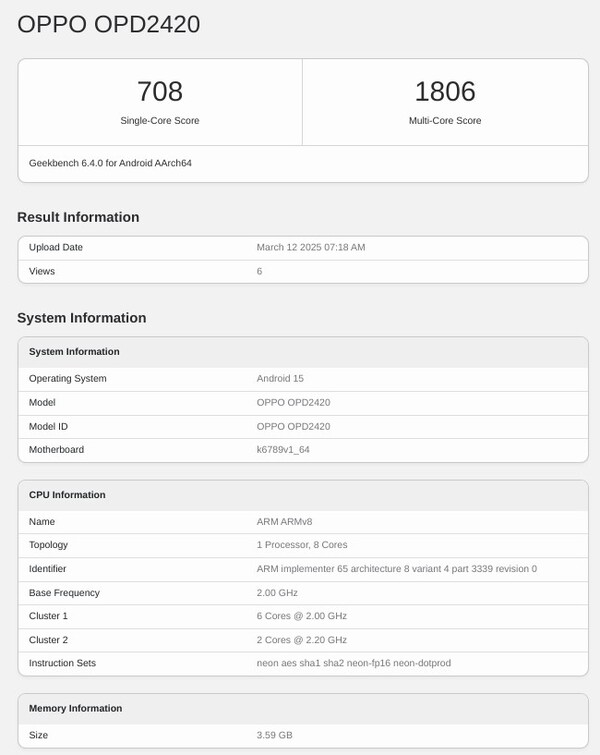 Oppo Pad SE appears on Geekbench. (Image source: Geekbench)