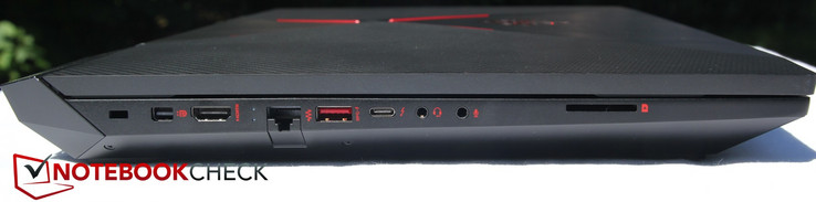 left: Kensington lock, Mini DisplayPort, HDMI, LAN, USB Type-A, USB Type-C, headphones, microphone, SD card reader