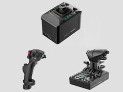 Moza AB6 base (top), MHG Flightstick (bottom left), and MTQ Throttle Quadrant (bottom right). (Image source: Moza, edited)