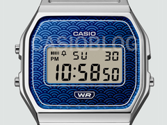 A close up of the Casio A159WEV watch dial with the Casioblog watermark.