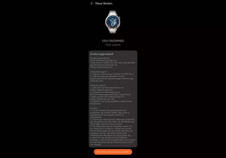 The change log for firmware version 5.0.0.125 for the Huawei Watch GT 5 Pro. (Image source: Huaweiblog.de)