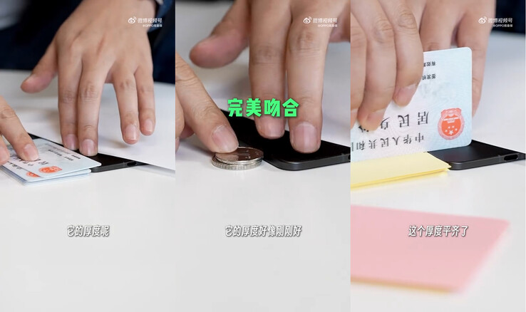 Oppo Find N5/OnePlus Open 2 thickness measured with regular day-to-day items (Image source: Weibo)
