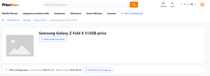 Pricebee, based in Latvia, lists August 5 as the availability date for the Samsung Galaxy Z Fold 8.