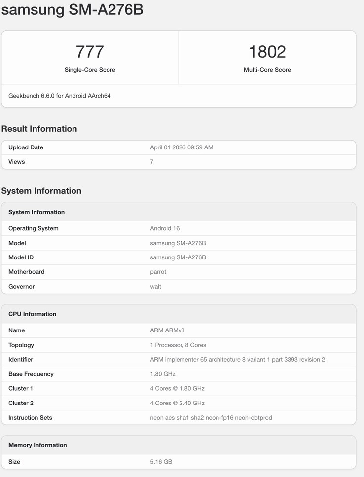 Geekbench listing of Samsung's upcoming phone.