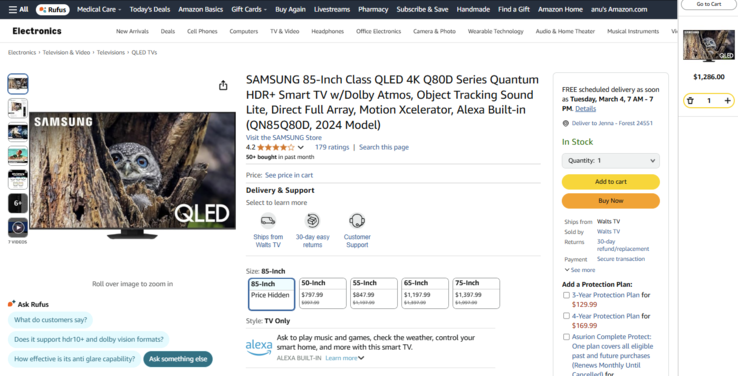 You have to add the 85-inch TV to your cart to see the discounted price. (Image source: Amazon)