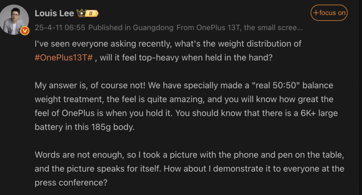 OnePlus 13T's weight distribution details revealed. (Image source: Weibo - machine translated)