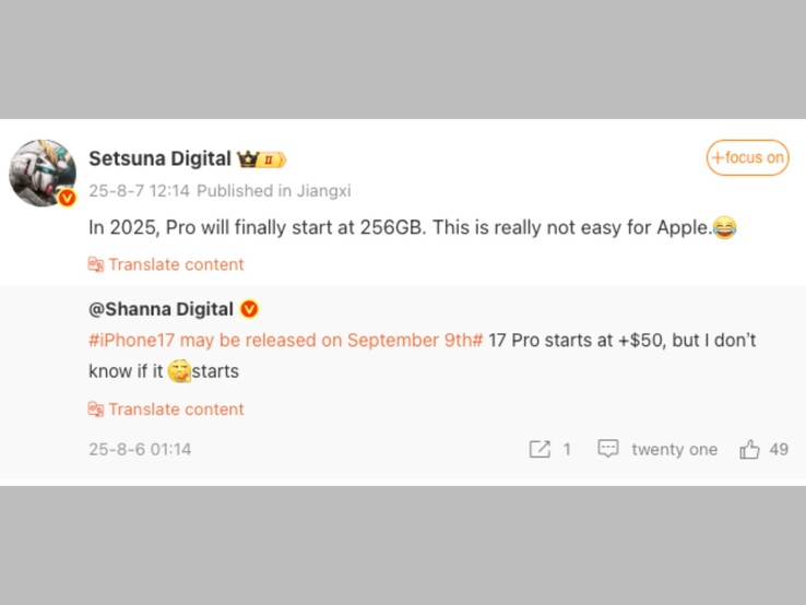 Weibo post by the leaker talking about iPhone 17 Pro base 256 GB model. (Image source: Setsuna Digital on Weibo, screenshot)