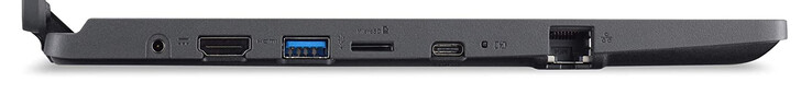 Left side: power connection, HDMI, USB 3.2 Gen 1 (Type A), storage card reader (microSD), USB 3.2 Gen 1 (Type C; DisplayPort, Power Delivery), Gigabit Ethernet