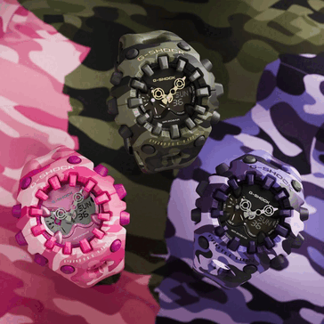 The pink G-Shock GA-V01MCG-4A and the purple GA-V01CMG-6A