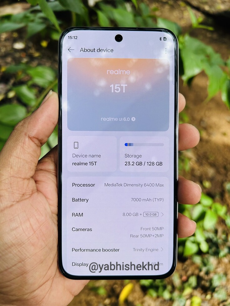 The "Realme 15T" in the wild with its About Device page open. (Source: Abhishek Yadav via X)