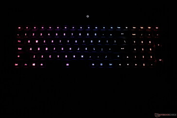 Gigabyte Aero 17 keyboard in a dark room. Note that none of the secondary Fn symbols are lit