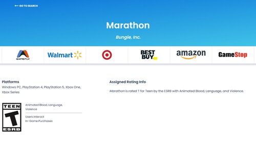 Marathon ESRB rating page is shown