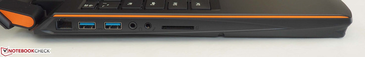 left: RJ45 LAN, 2x USB 3.0, headphone jack, microphone jack, card reader