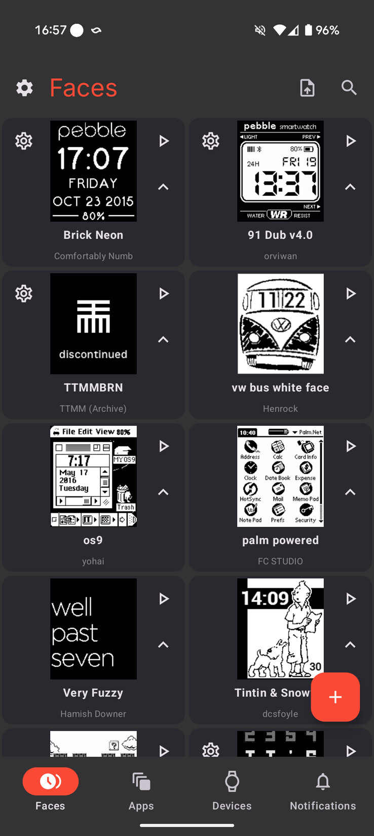 A screenshot of some of the Watch Faces in the new Pebble app. (Image source: Eric Migicovsky via X.com)