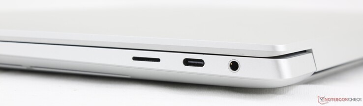 Right: MicroSD, USB-C Thunderbolt 4 w/ DisplayPort 2.1 + Power Delivery, 3.5 mm headset