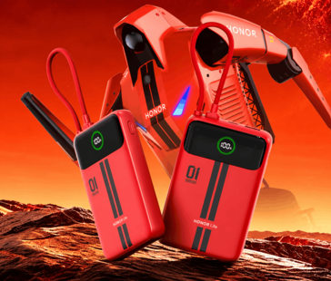 Two red Honor Life power banks with built-in displays and attached cables, shown against a red background
