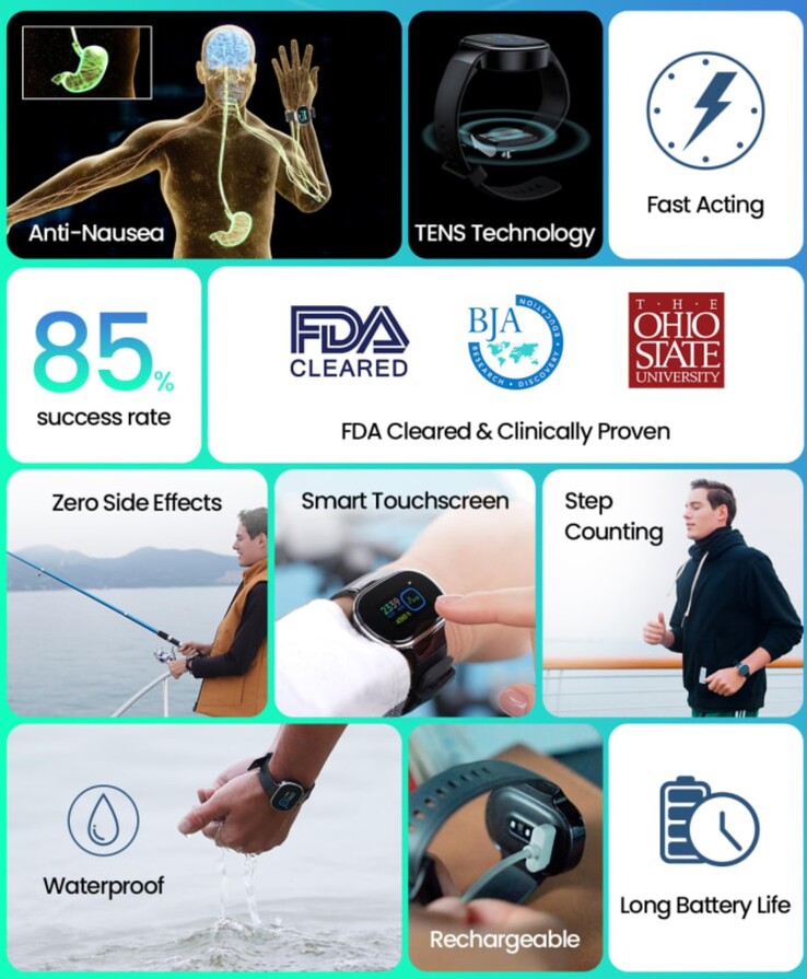 The EmeTerm Smart smartwatch uses electrical stimulation of an acupuncture point on the wrist to help alleviate nausea. (Image source: WAT Medical)