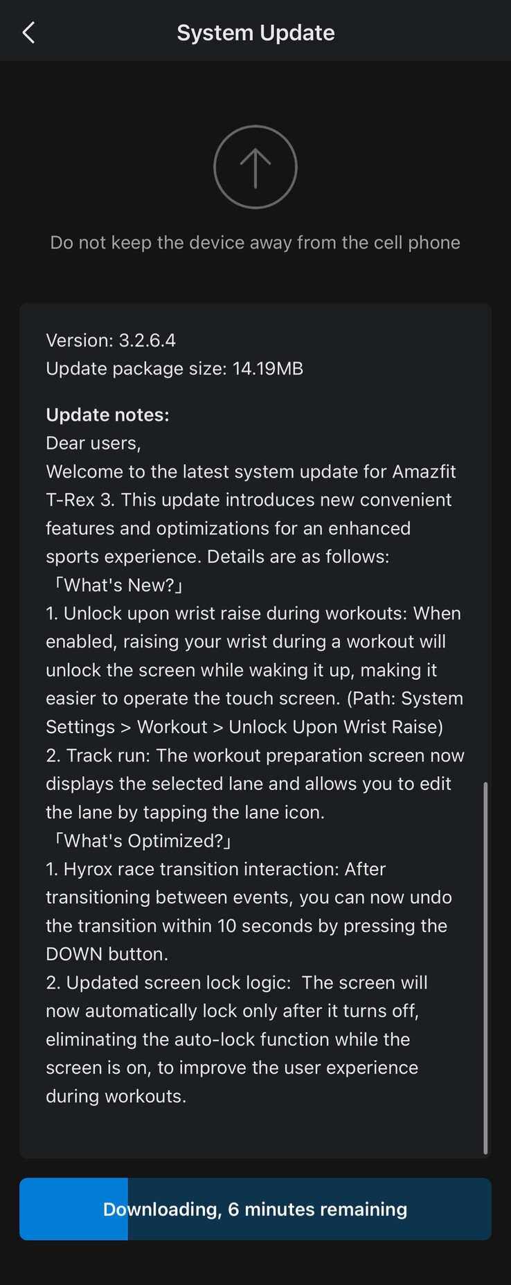 The change log for update version 3.2.6.4 for the Amazfit T-Rex 3. (Image source: Zepp Health)