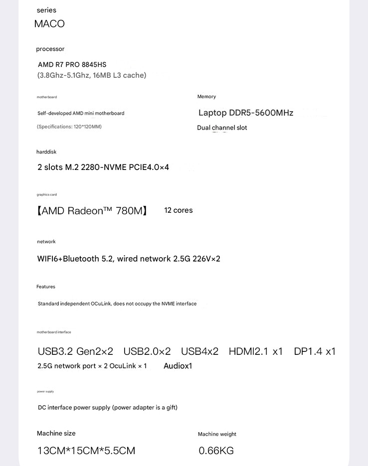 Full specs of the mini (Image source: Aoostar - machine translated)