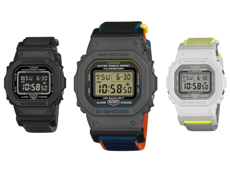 From left to right: the Casio G-Shock DW-5600MNC-1, DW-5600MNC-8A2 and DW-5600MNC-7A8 watches