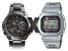 The new Casio MR-G leak hints at a crossover between these two worlds. Pictured - The Casio MRG-G1000HT-1A on the left, an 'X' in the middle, and the Casio MRG-B5000 square G-Shock on the right. (Image source: Casio - Edited)