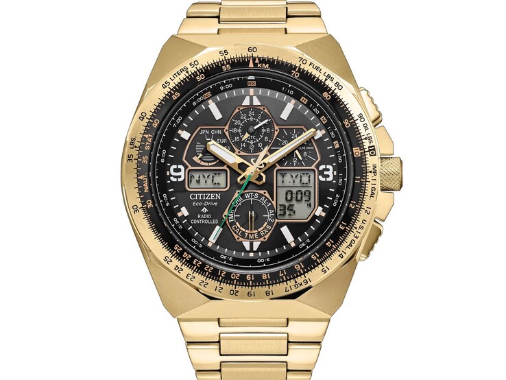 Citizen Promaster Skyhawk A-T JY8144-50E pilot watch with a light gold-tone stainless steel case and bracelet, black dial, multiple analog sub-dials, digital displays, and an aviation-inspired slide-rule bezel.